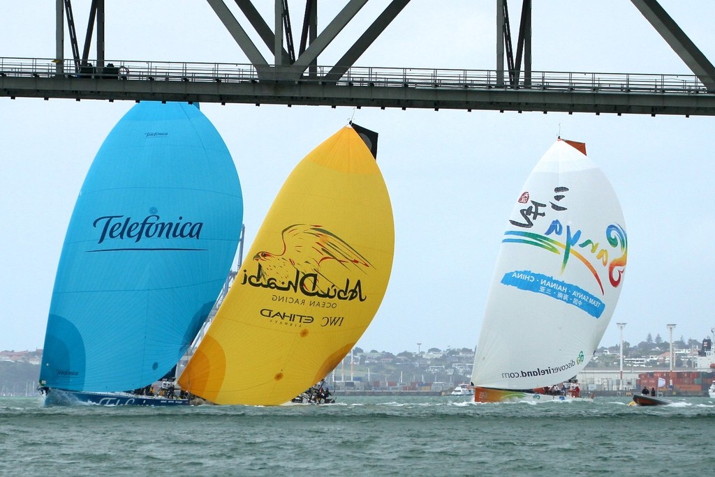 Telefonica, Abu Dhabi and Team Sanya framed bu the Auckland Harbour Bridge - Inport-Auckland-VOR (3) - Volvo Ocean Race: In Port Race, Auckland March 17, 2012 © Richard Gladwell www.photosport.co.nz